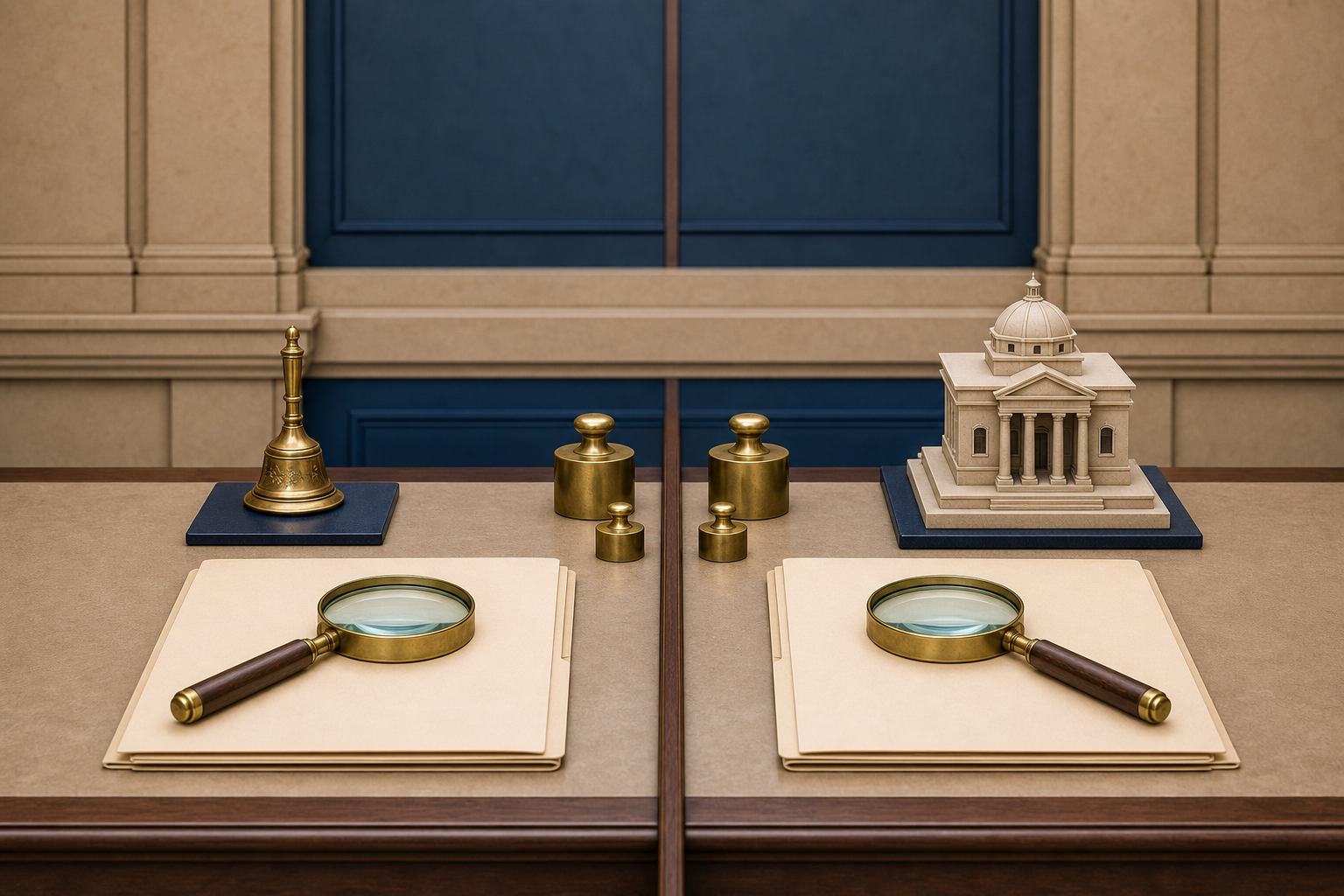 A symmetrical review desk displays matching folders, magnifying glasses and balanced weights beside a temple bell and a civic building model.