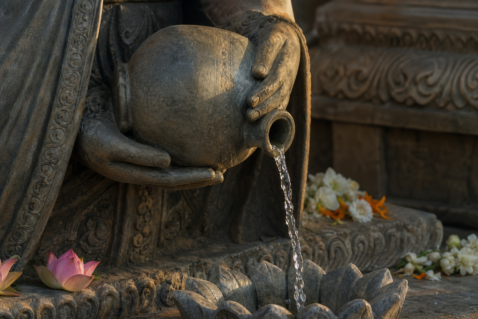 Carved stone hands hold a narrow-necked ritual vessel above a lotus-shaped basin with a small stream of water flowing from its spout.
