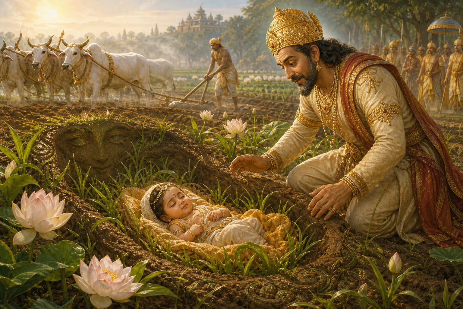 Infant Sita lies in a flowering furrow as King Janaka kneels beside the plowed field.