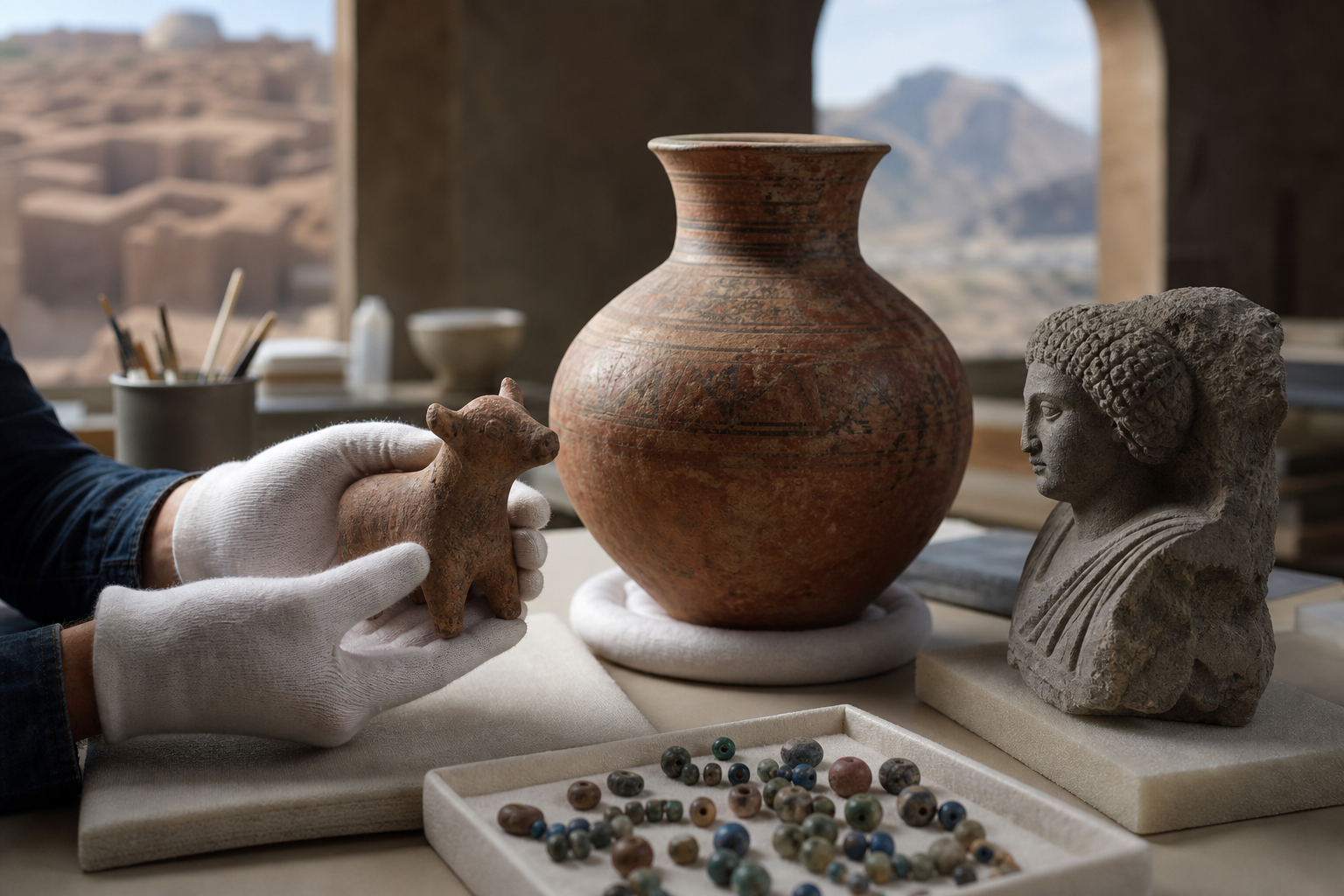 Gloved hands examine pottery, beads, a terracotta animal figurine, and a gray-stone sculptural fragment on a conservation table.