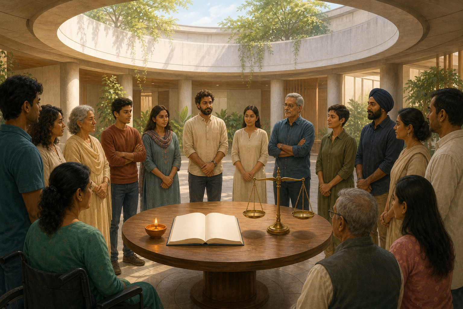 A diverse group of Indian adults gathers around a table with a diya lamp, a blank ledger and balanced scales in a sunlit public forum.