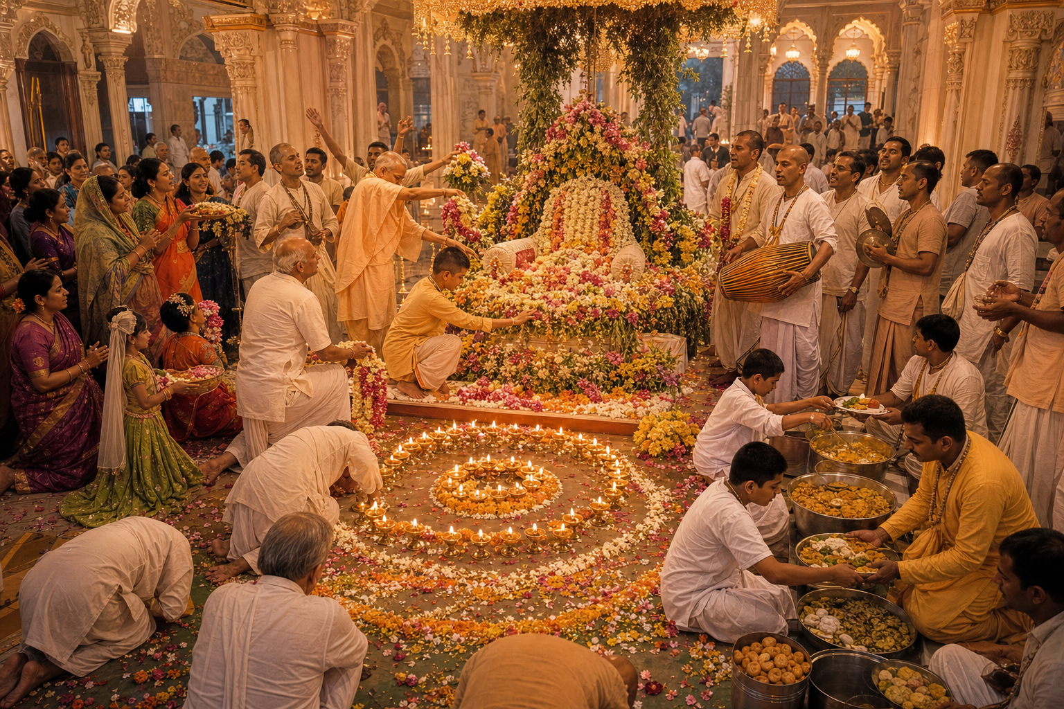 Devotees gather around a flower-covered ceremonial seat, offering garlands, singing, playing instruments, and sharing food in a temple hall.
