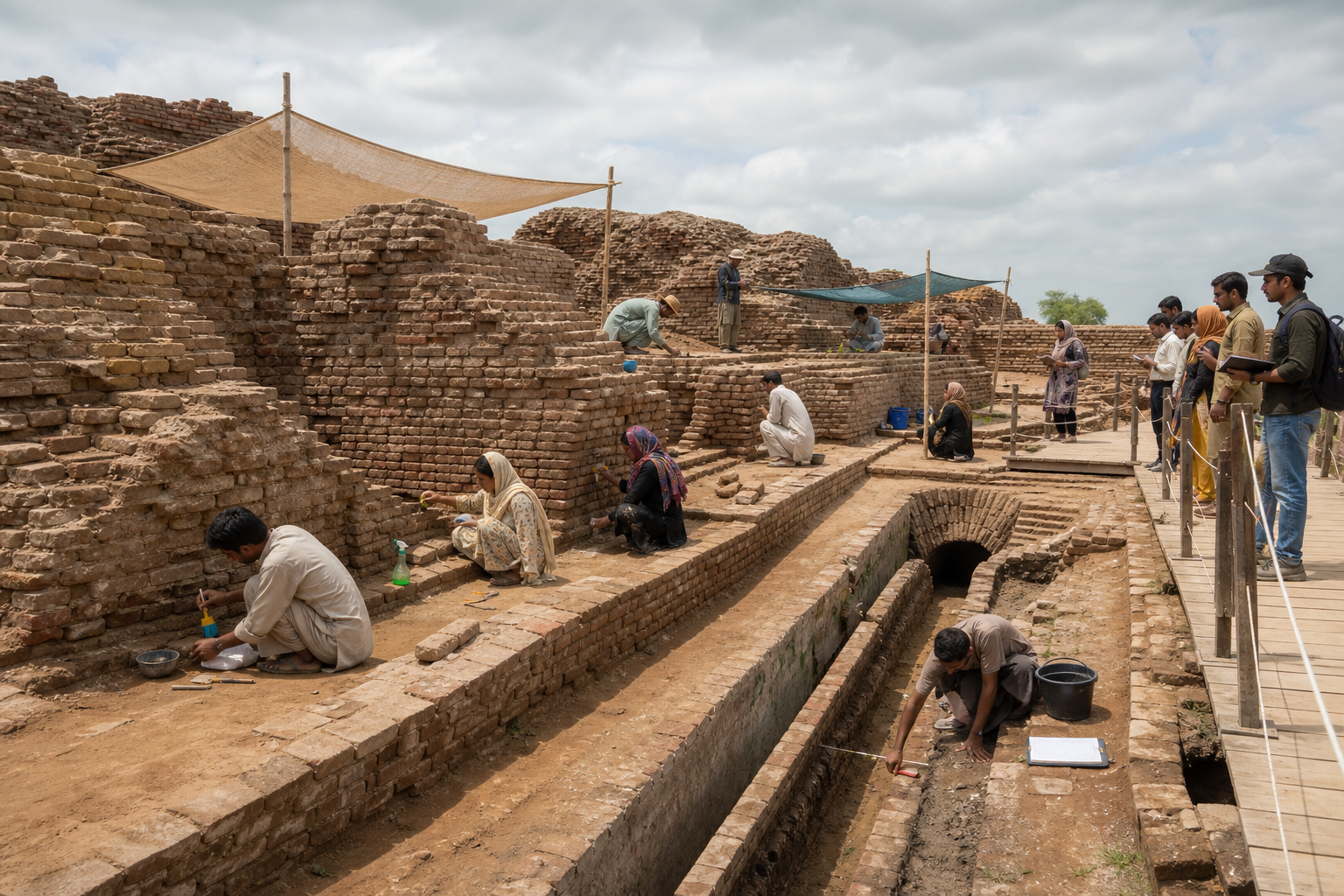 Archaeologists, craftspeople, students, and community members work together to protect ancient brick walls and drainage channels.