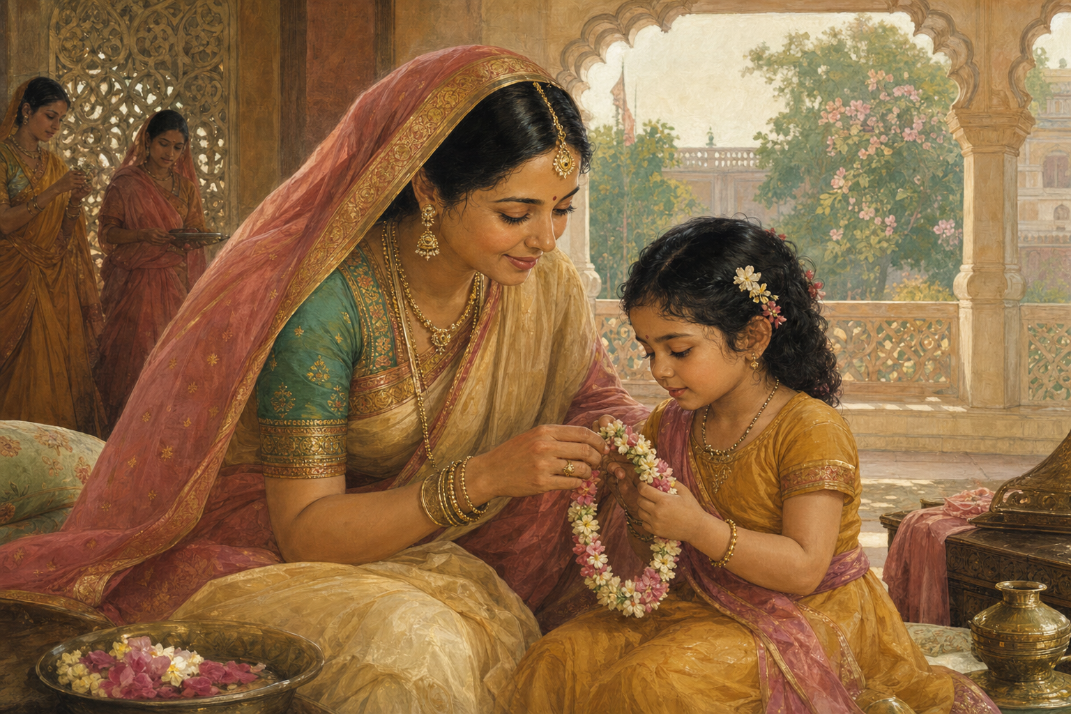 Queen Sunayana sits with young Sita and helps her hold a flower garland in a Mithila palace.