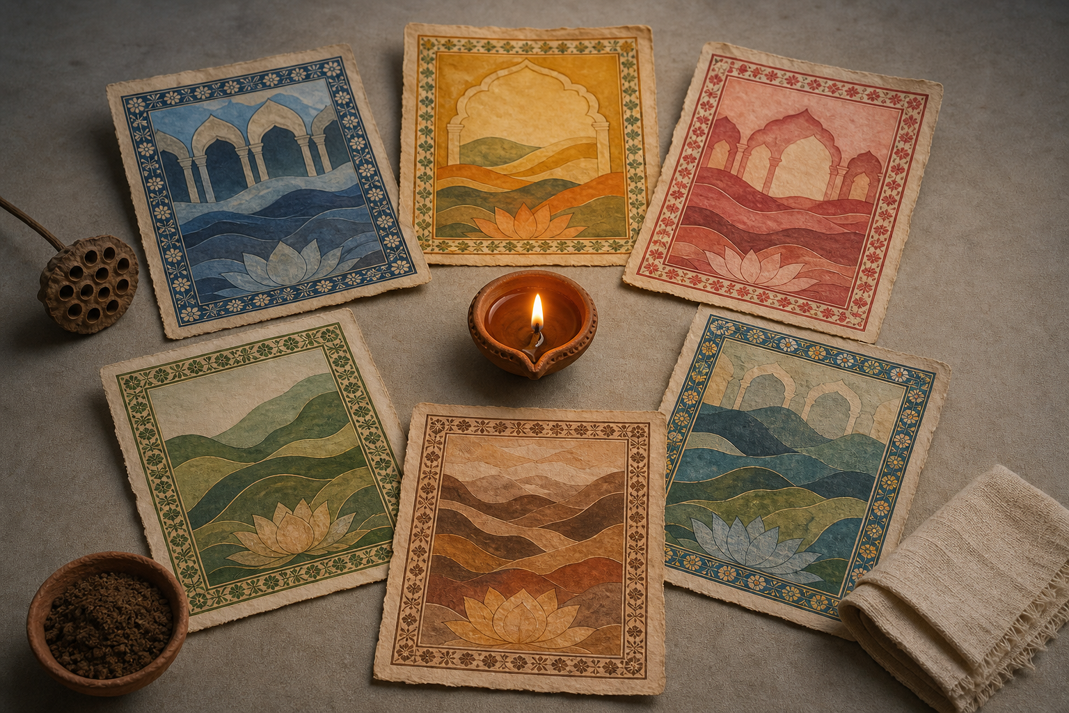 Blank painted folios with varied decorative styles surround a clay lamp, a bowl of soil, and a lotus seed pod.