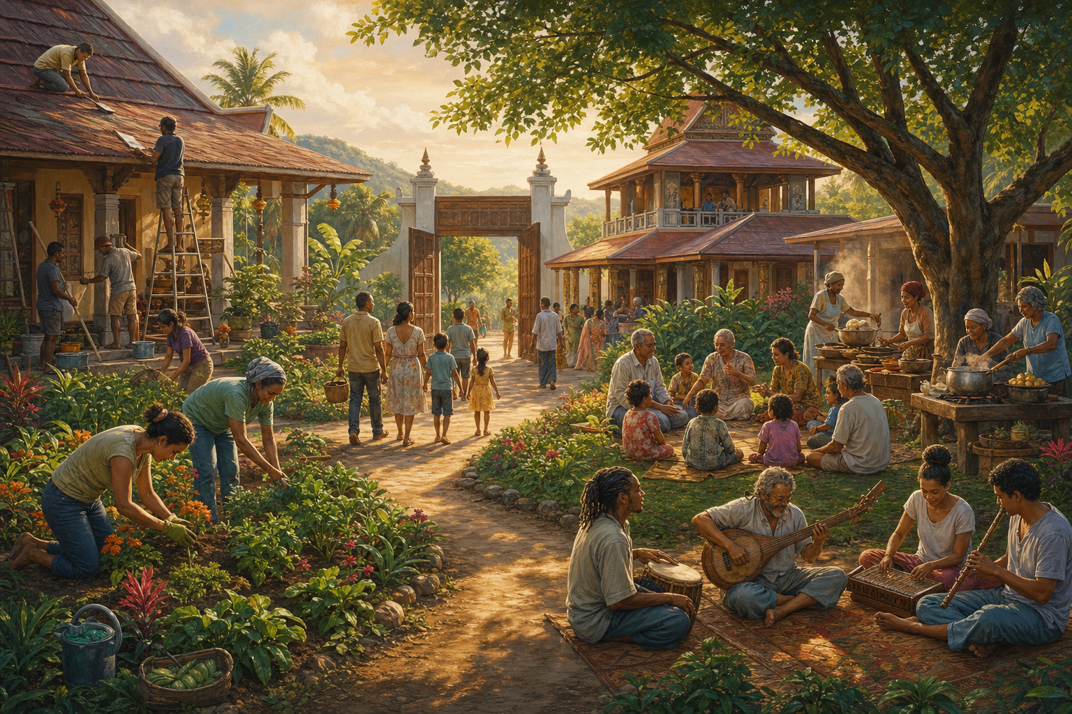 Community members teach children, tend a garden, prepare food, maintain a temple, and welcome families in a tropical setting.