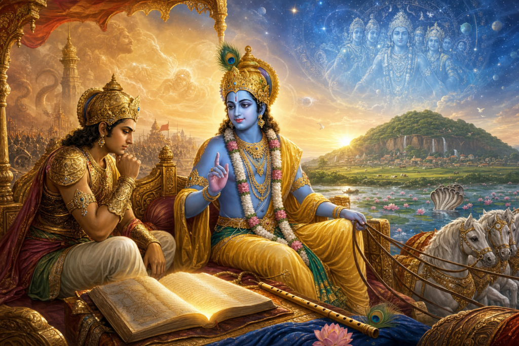 Sri Krishna guiding Arjuna on a golden chariot with the Bhagavad Gita glowing in the foreground