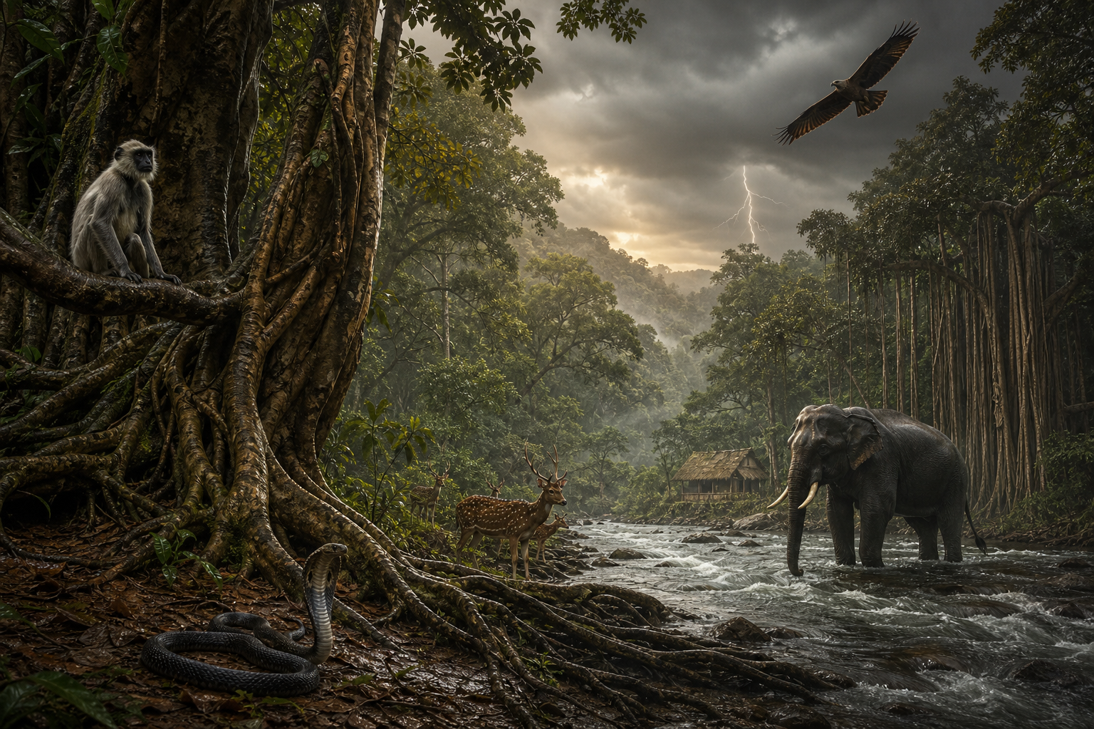 A storm-lit Indian forest with a small hermitage, a swollen stream, and wild animals including an elephant, deer, langur, cobra, and raptor.