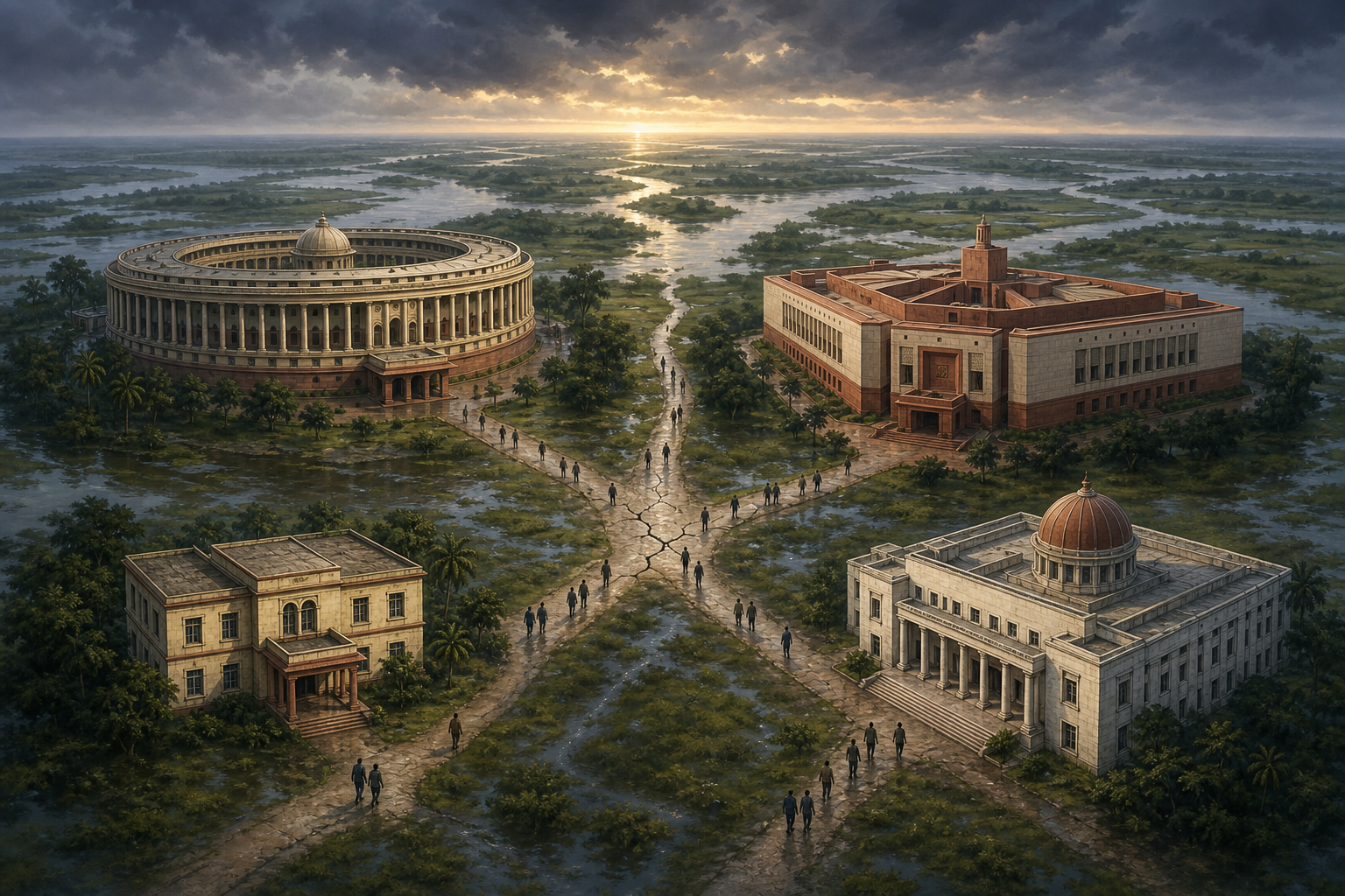 Four civic buildings connected by subtly fractured pathways across a river delta landscape, with anonymous figures moving between them under a monsoon sky.