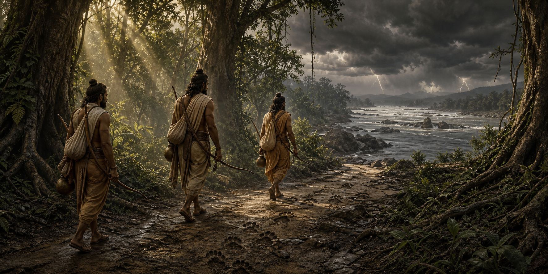 Three ancient Indian exiles carrying simple supplies as they travel through a dense forest toward a river under gathering storm clouds.