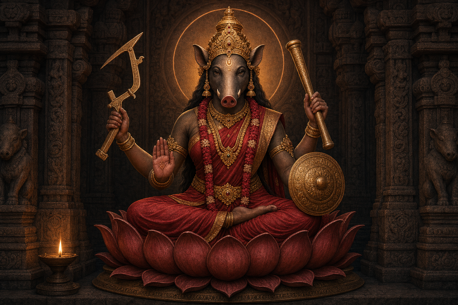 Boar-headed goddess Varahi sits on a lotus throne with four arms, ritual attributes, a crown, red garments, and a glowing halo in a stone sanctuary.