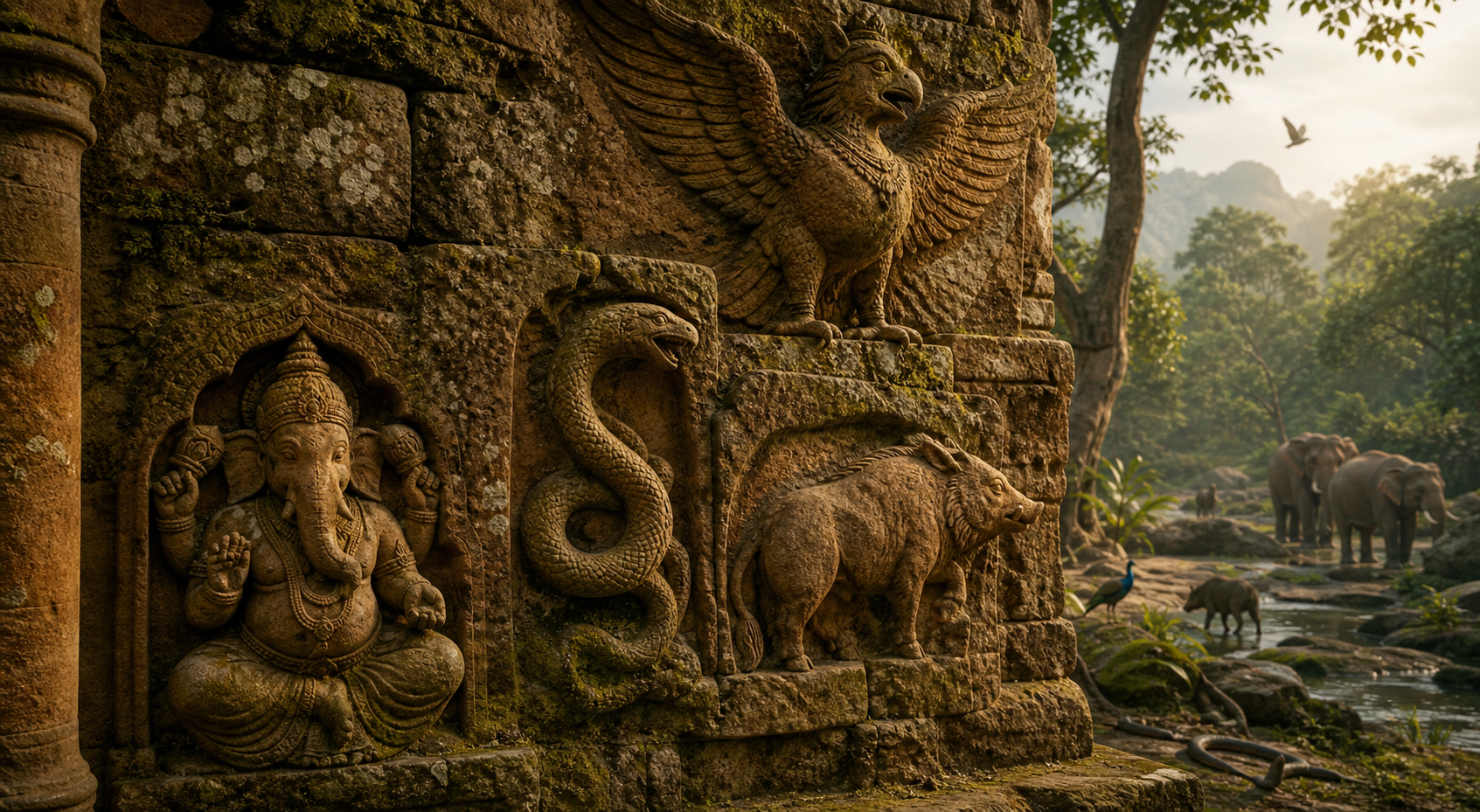 A sandstone shrine wall carved with elephant-headed, serpent, boar, and eagle-like sacred figures beside a forest inhabited by related animals.