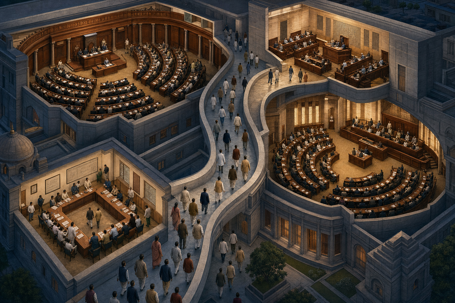A cutaway view links a municipal meeting room, two national legislative chambers, and a regional assembly as anonymous figures move through a branching corridor.