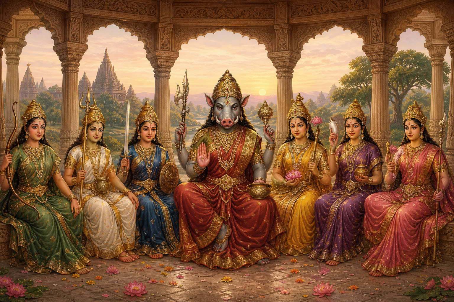 Seven divine mother figures sit together beneath a pillared pavilion, with boar-headed Varahi prominently positioned among them.