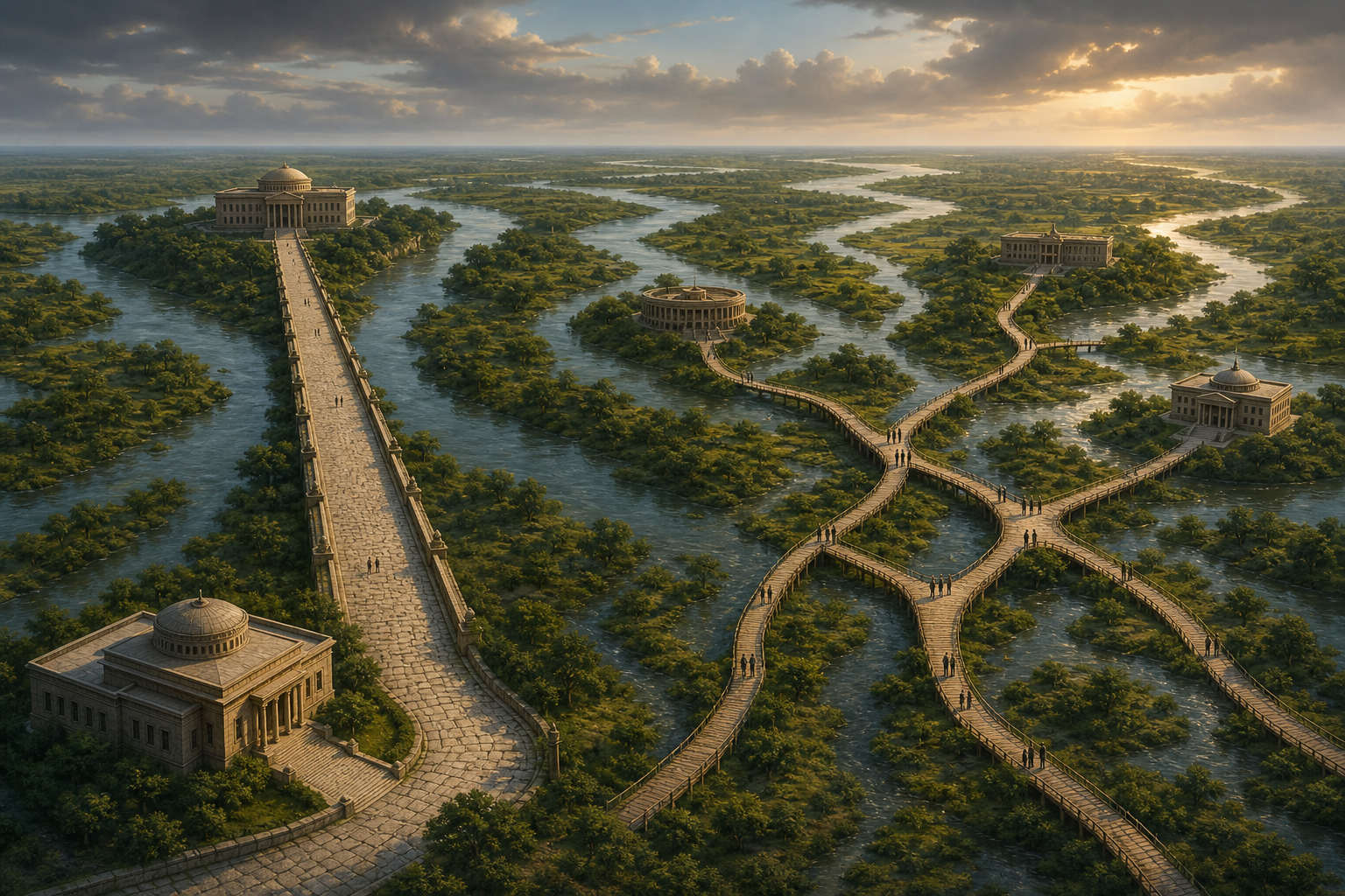 Two contrasting routes cross a floodplain, with one connecting intact civic buildings and another branching away from several institutions at once.