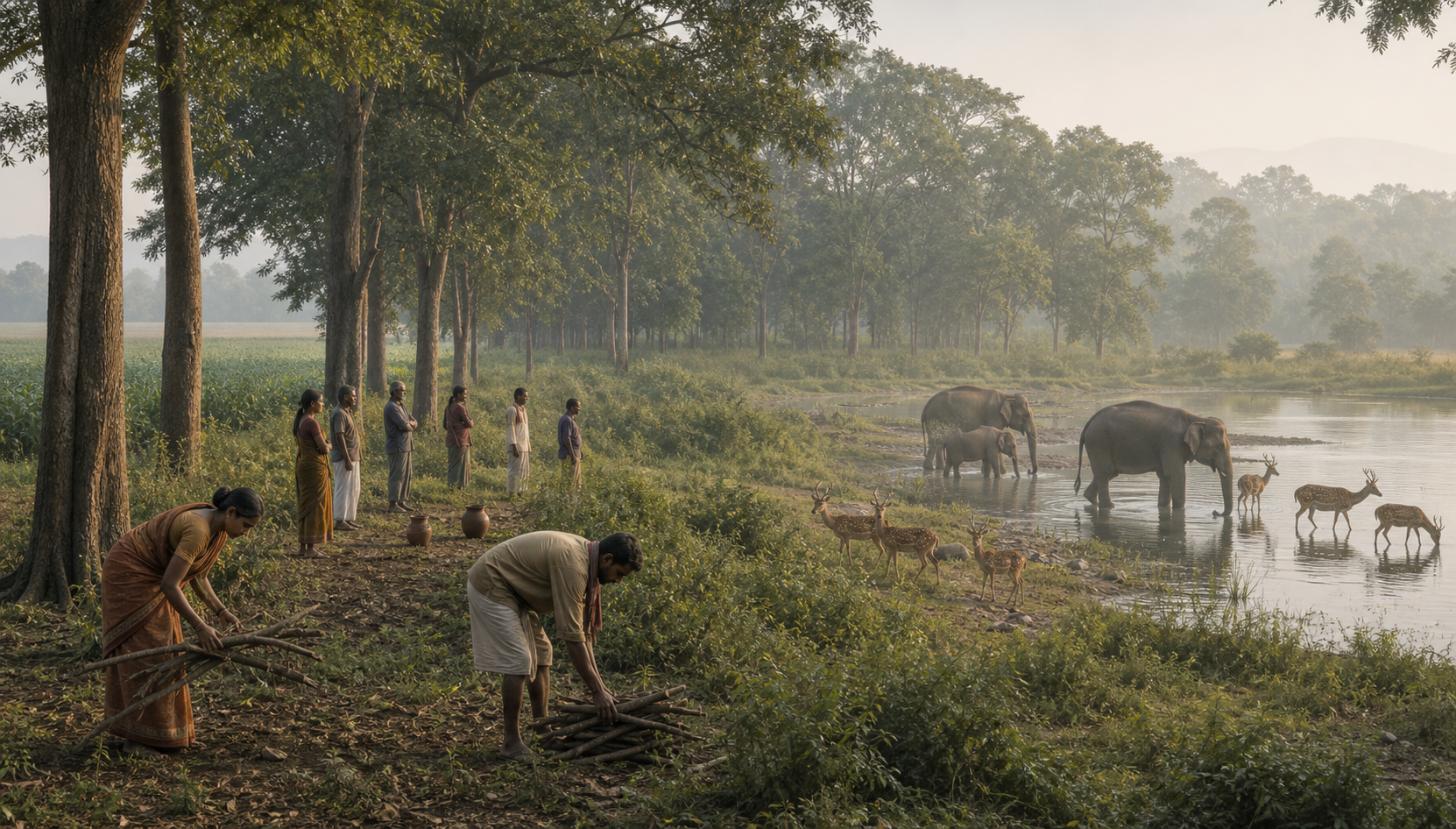 People collect fallen branches and wait away from a forest watering place while elephants and deer pass through a protected buffer of trees.