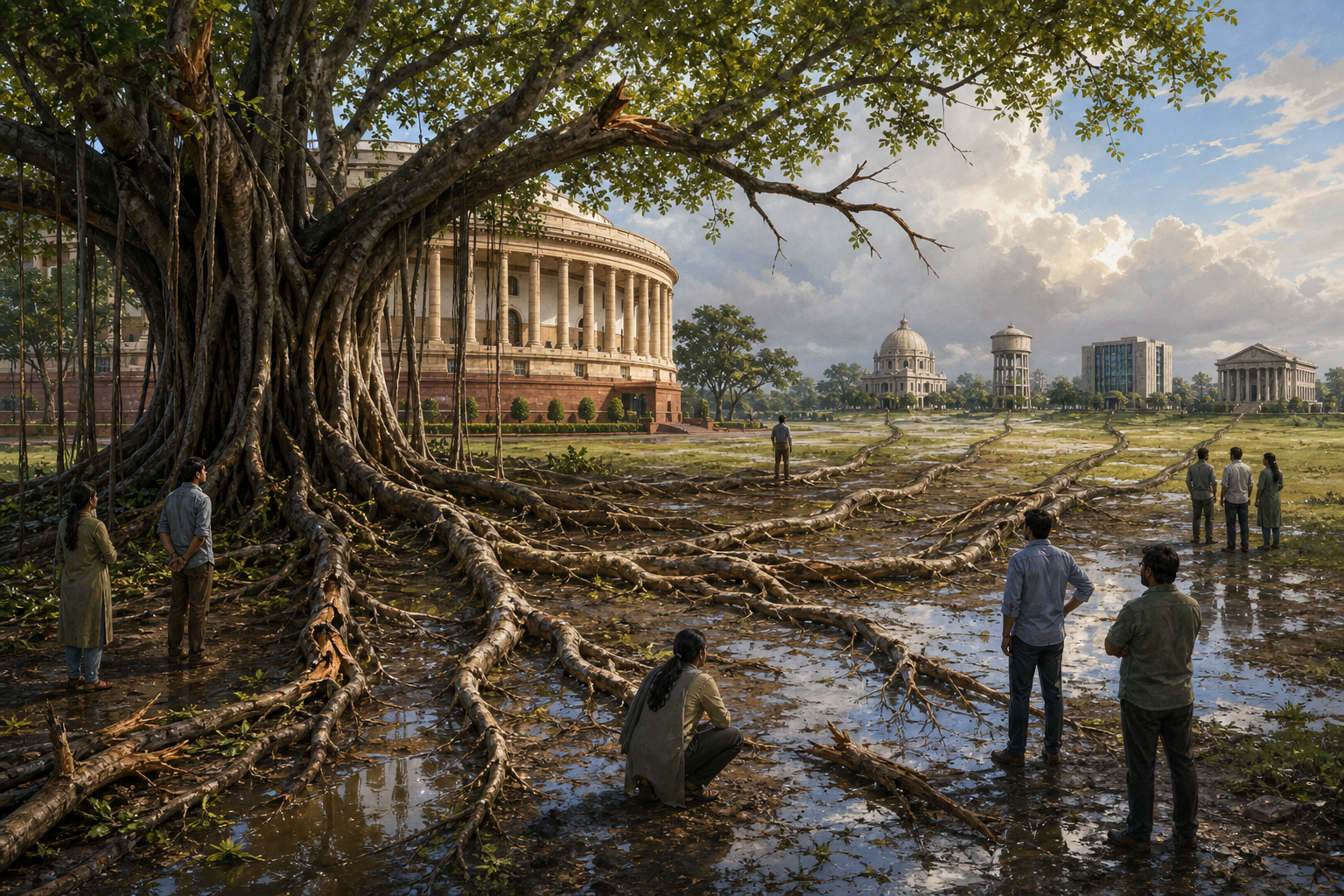 A banyan tree beside a legislative building has broken branches and partly exposed roots connecting toward four distant civic structures after a storm.