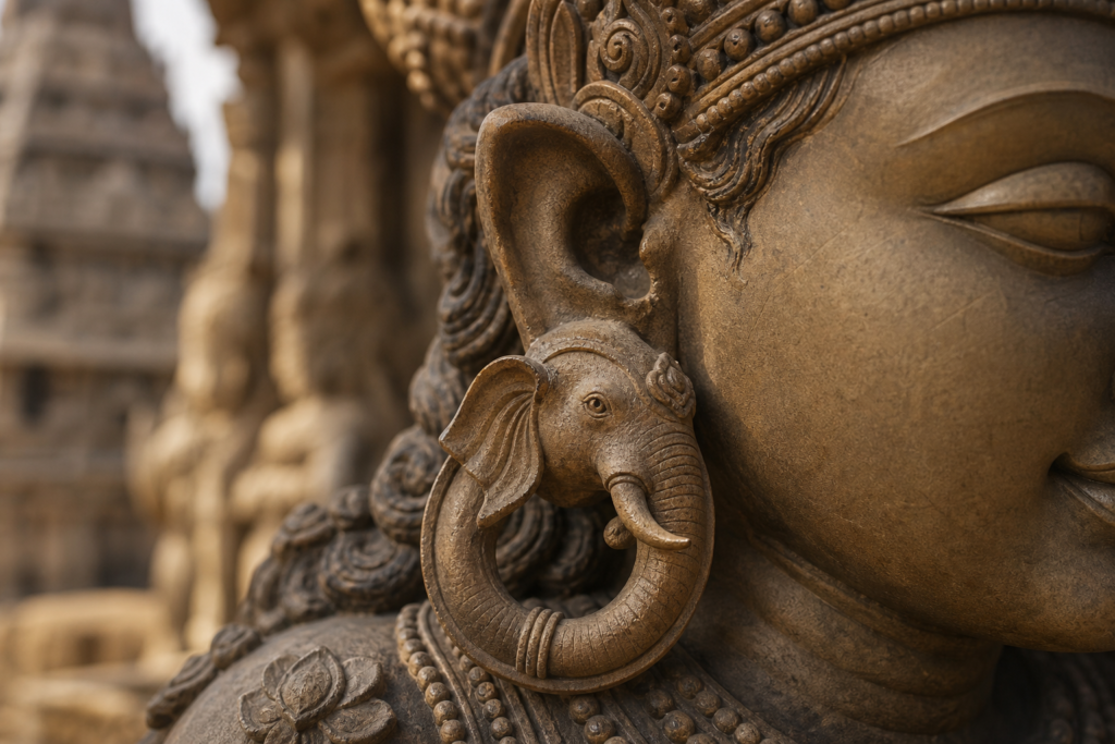 Close-up of a Hindu temple sculpture wearing an elephant-shaped gaja kundala earring.