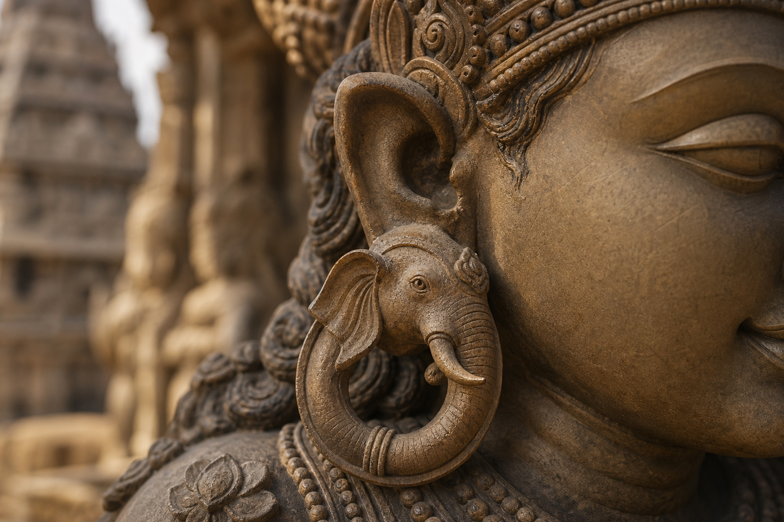 Close-up of a Hindu temple sculpture wearing an elephant-shaped gaja kundala earring.