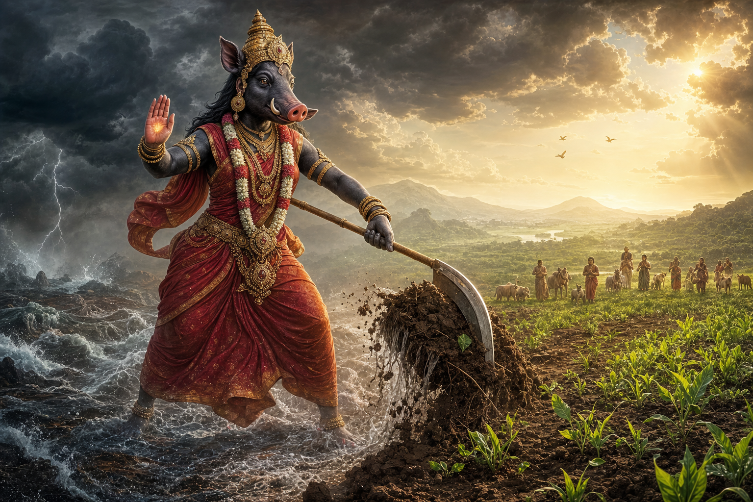 Varahi raises fertile earth from turbulent water with a plough while sheltering people and animals as green plants emerge behind her.