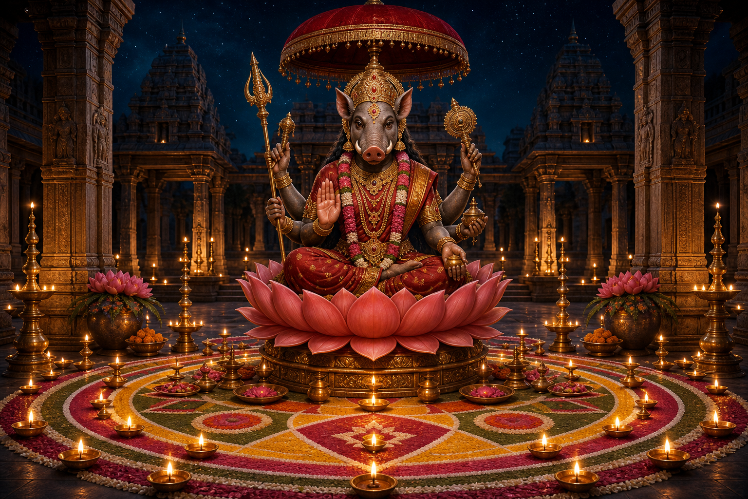 Crowned Varahi sits beneath a royal parasol above a symmetrical arrangement of lamps, flowers, and ritual vessels in a nighttime temple courtyard.
