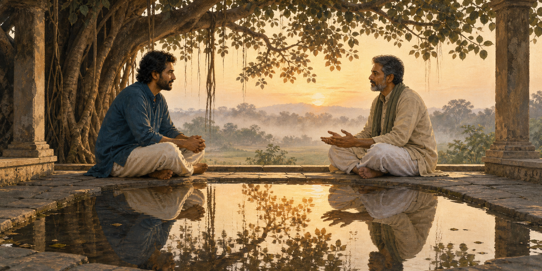 Two adults have a calm conversation beneath a banyan tree, with their reflections visible in a shallow pool on a stone veranda.
