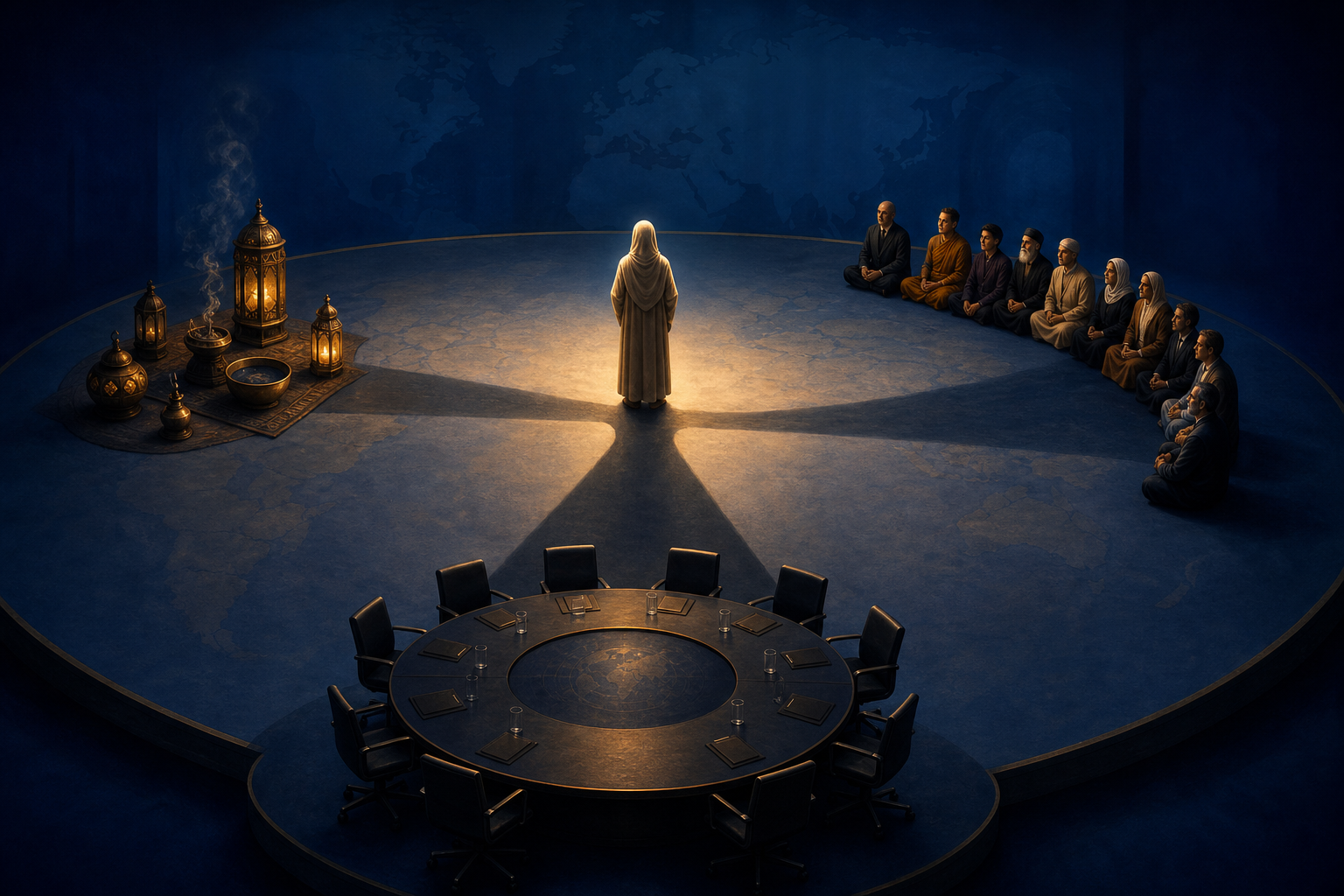 An anonymous religious figure casts three shadows toward ritual objects, interfaith listeners, and a diplomatic conference table.