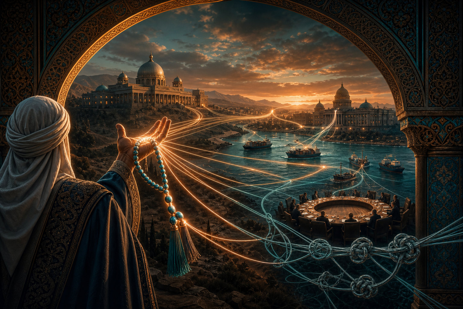 A faith representative stands beneath a ceremonial arch as glowing threads from prayer beads lead toward diplomatic, governmental, and trade settings.