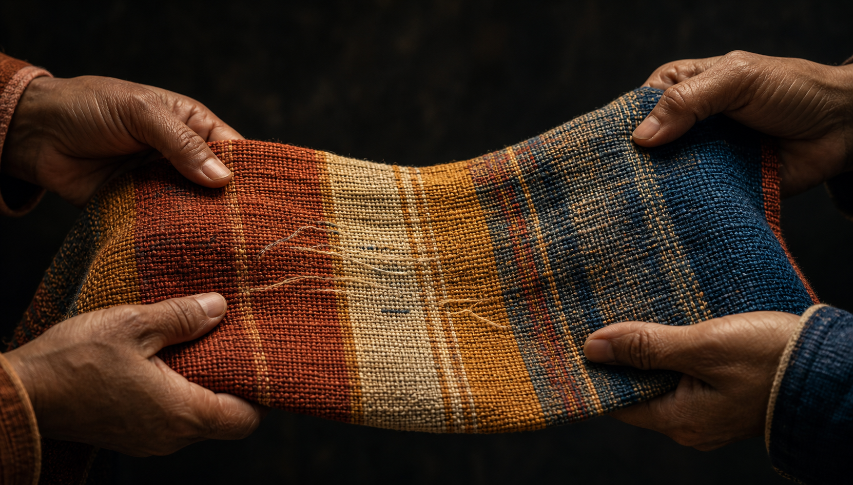 Two pairs of hands carefully hold a woven cloth whose tight and loose threads are revealed by side lighting.