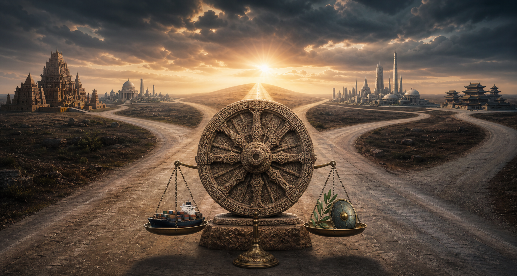 A carved stone wheel stands at the center of diverging roads beside scales holding a trade vessel, an olive branch, and a shield.