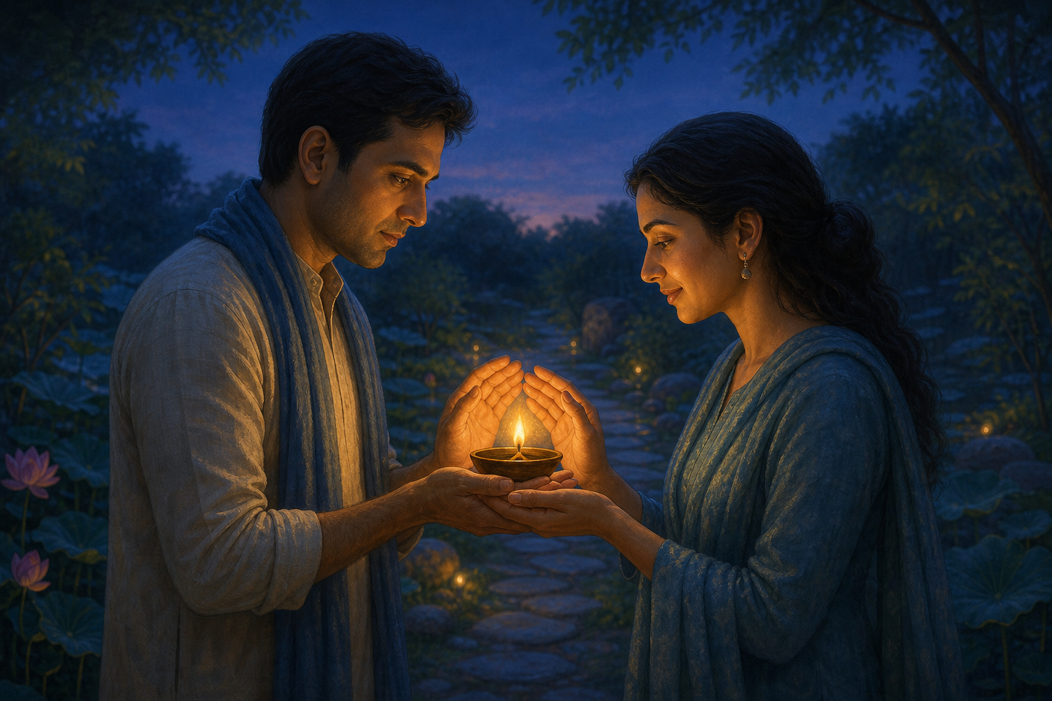 Two adults shelter the flame of a small oil lamp together beside a garden path at twilight.