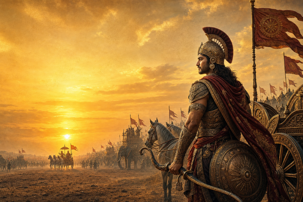 Achutayus stands with bow and shield on the Kurukshetra battlefield at sunset, with chariots, banners, horses, and distant armies behind him.