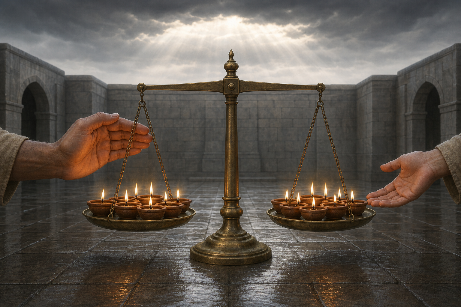 A brass scale holds clay lamps on both sides while one hand protects only one group of flames and another reaches toward the exposed lamps.