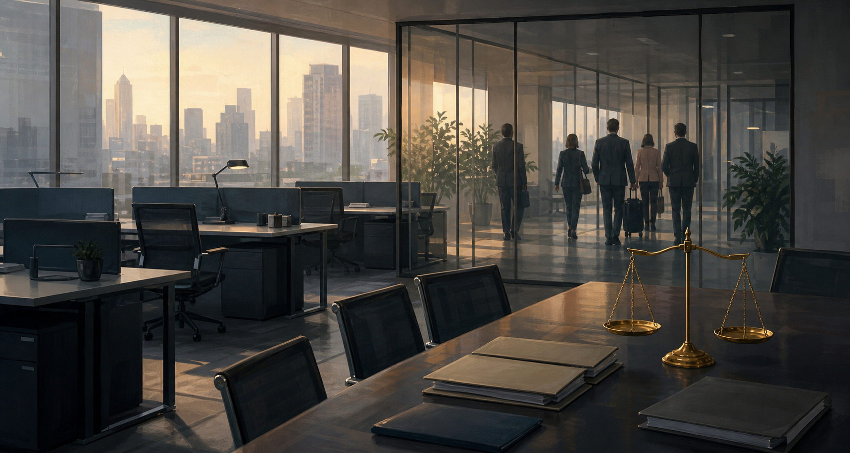 Empty desks and departing office workers are shown beside document folders and a balanced scale in a modern Mumbai workplace.