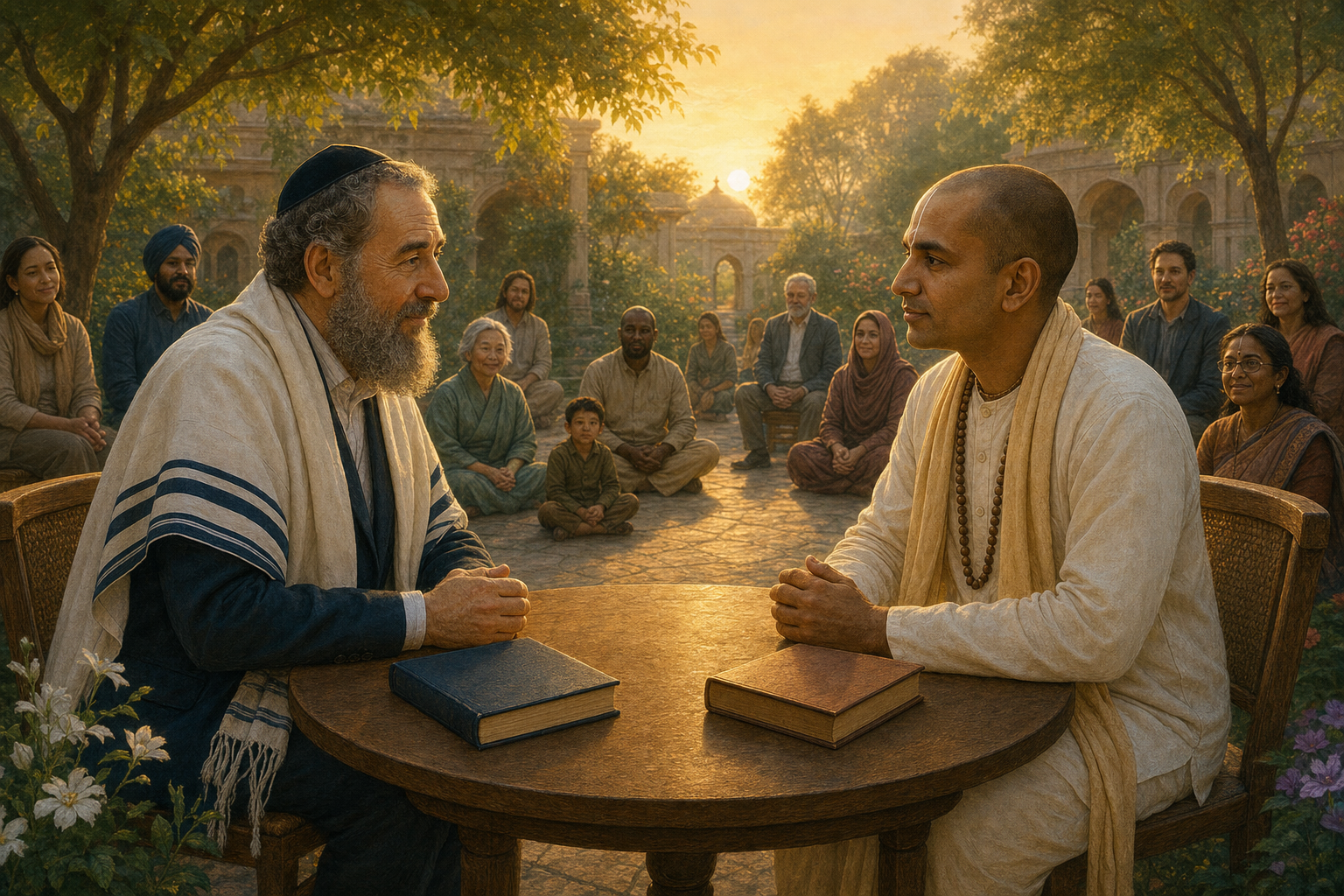 A rabbi and a Vedic devotee sit as equals at a round table while a diverse group gathers in a sunlit garden behind them.