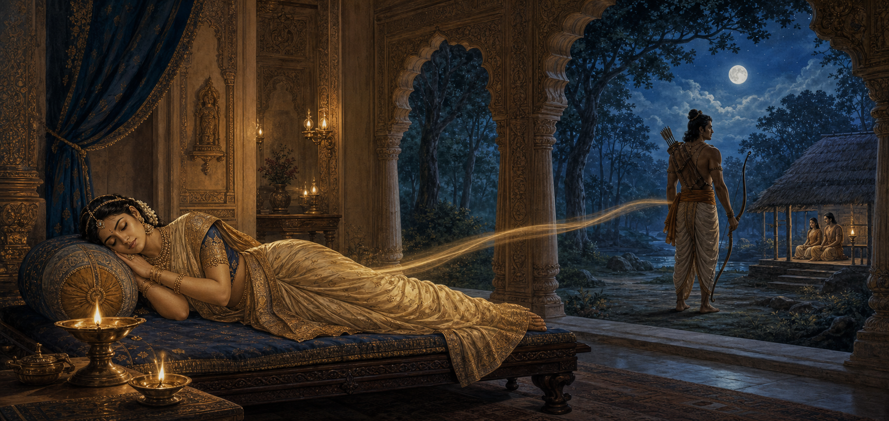 Urmila sleeps in a lamp-lit palace chamber while Lakshmana keeps watch with a bow in a moonlit forest beyond the colonnade.