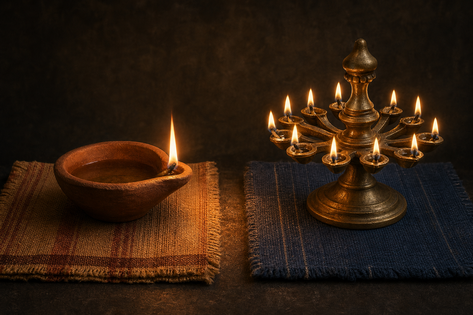 Two distinctly shaped ritual lamps stand on separate cloths and cast overlapping light of equal brightness.