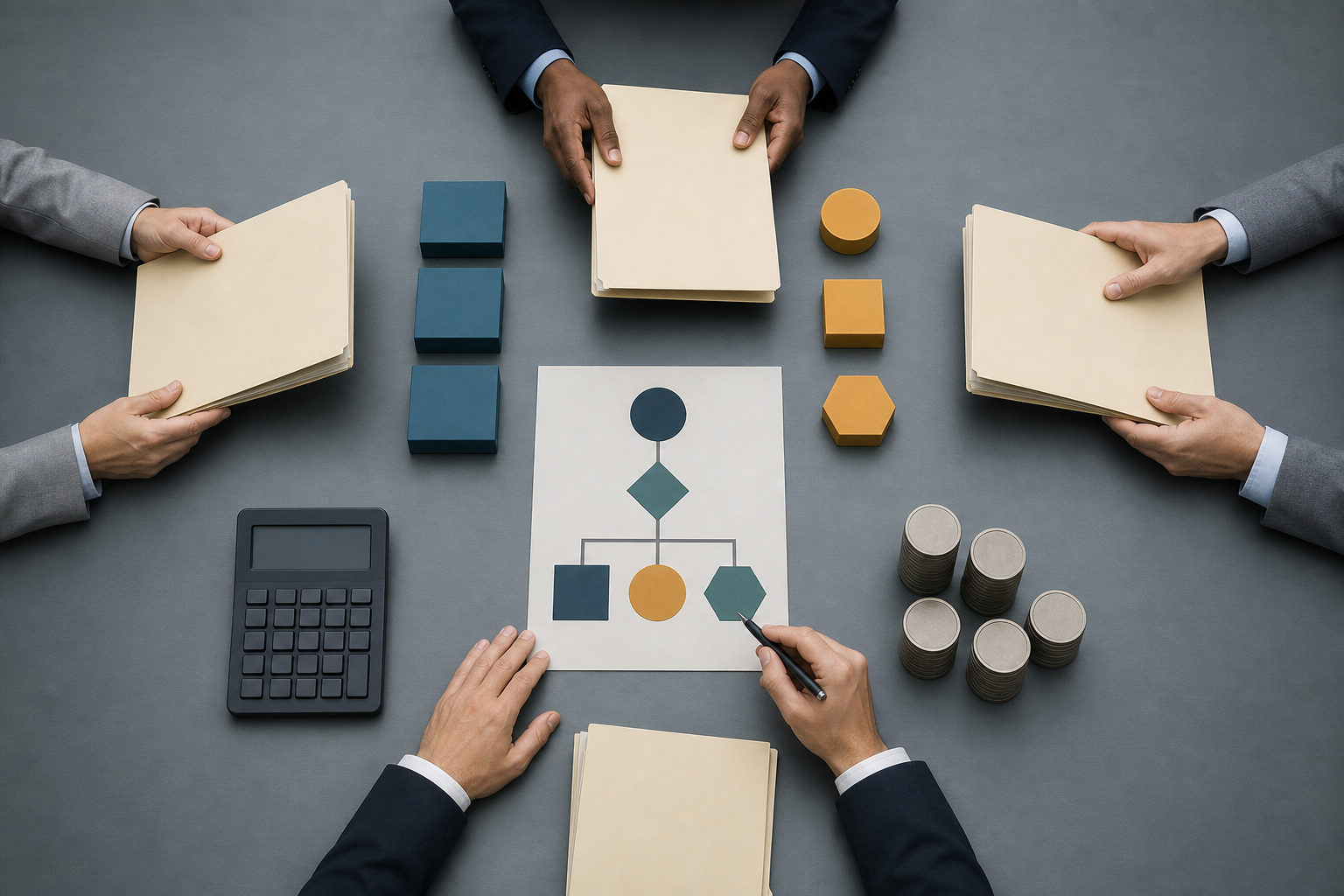 A review committee examines blank employee folders, role blocks, a calculator, and balanced coin stacks on a conference table.
