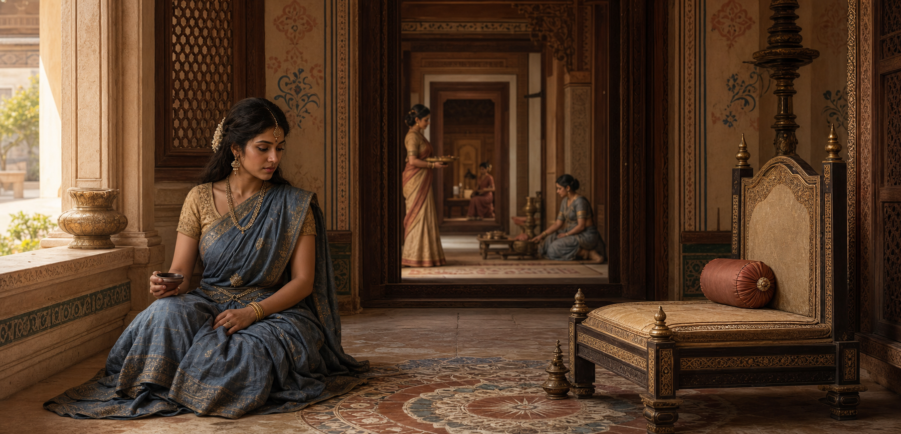 Urmila sits alone beside an empty seat in the quiet women's quarters of an Ayodhya palace at dawn.
