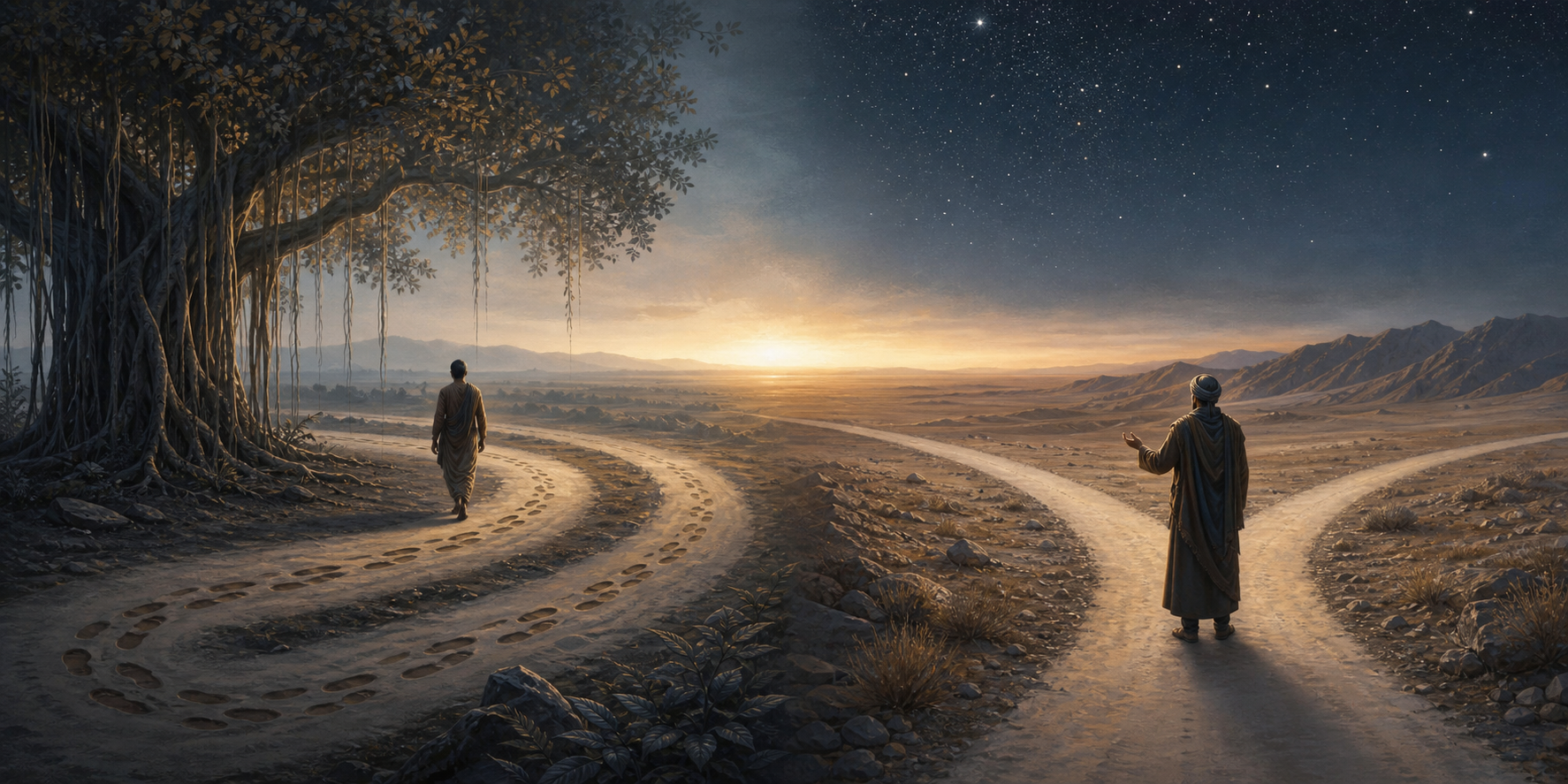 Two travelers occupy contrasting landscapes, one following a circular path beneath a banyan tree and the other choosing between two desert paths under stars.