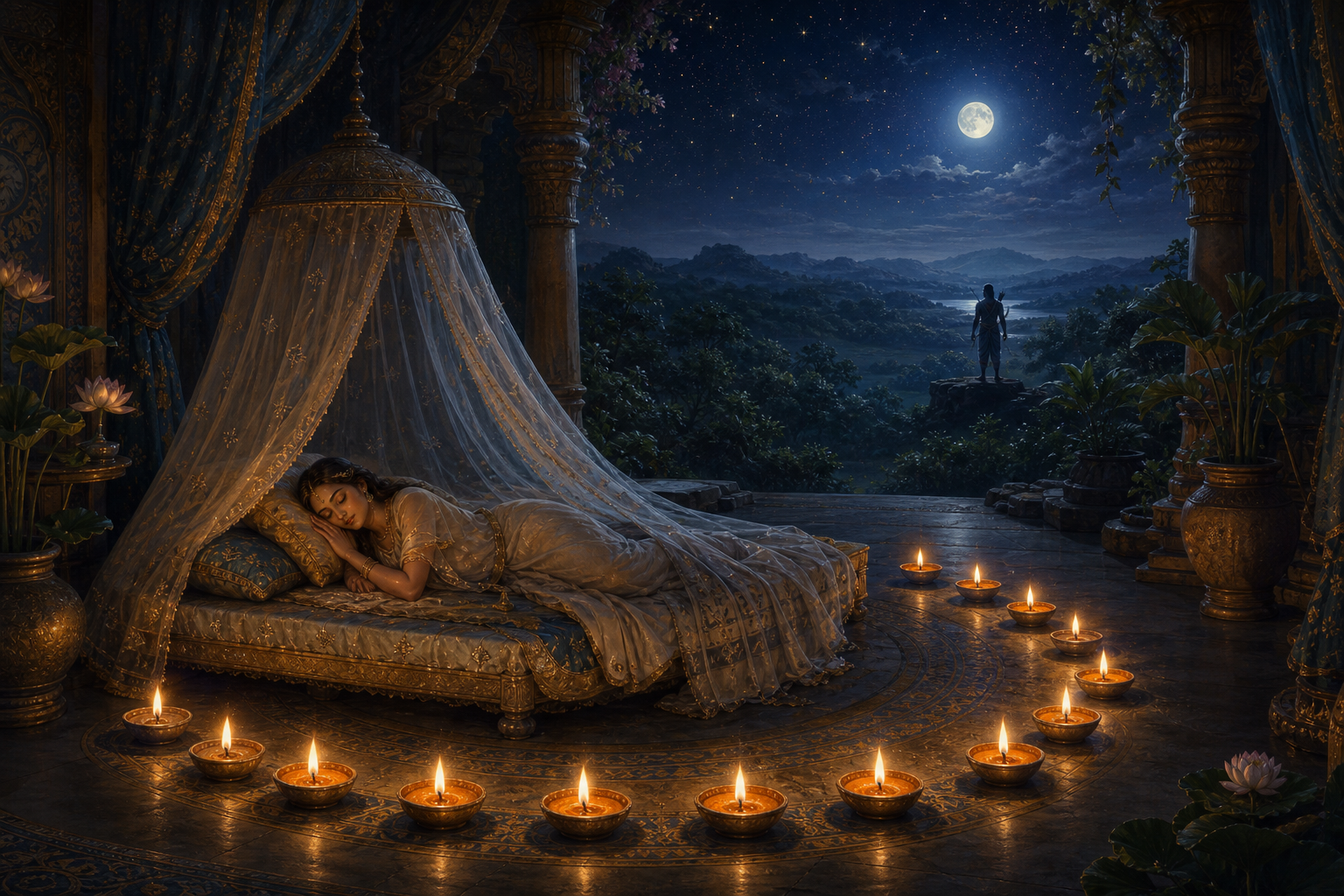 Urmila sleeps beneath a canopy surrounded by fourteen glowing oil lamps, with a distant watchful figure visible on the forest horizon.
