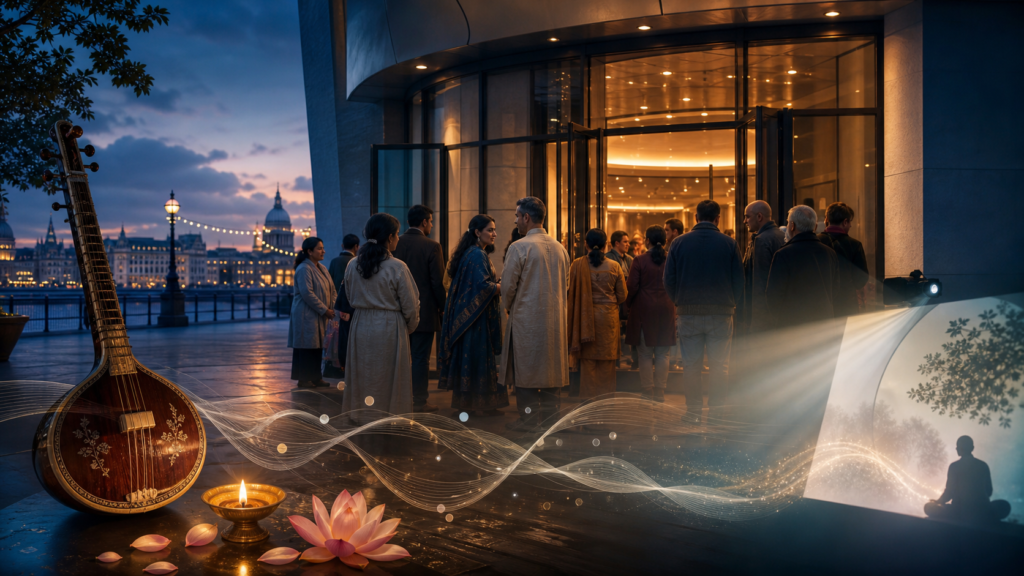 Diverse audience outside a glowing London cinema at dusk with a tanpura, oil lamp, lotus petals and projection light