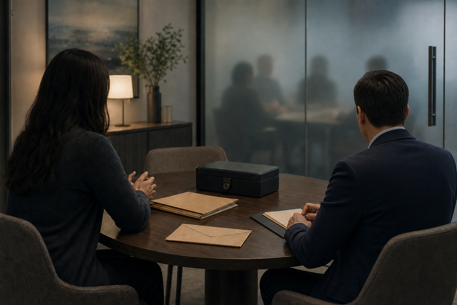 An independent reviewer speaks privately with an employee beside sealed envelopes, plain folders, and a locked document case.