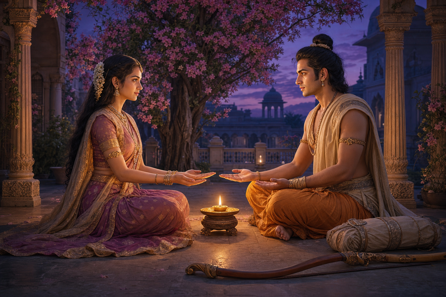 Urmila and Lakshmana sit facing each other beside a lamp, with his bow and travel bundle resting nearby before his departure.