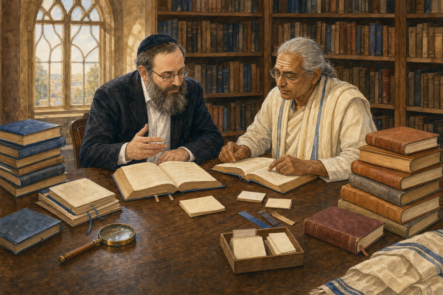 A rabbi and a Vedic scholar carefully compare separate stacks of books at a sunlit library table.