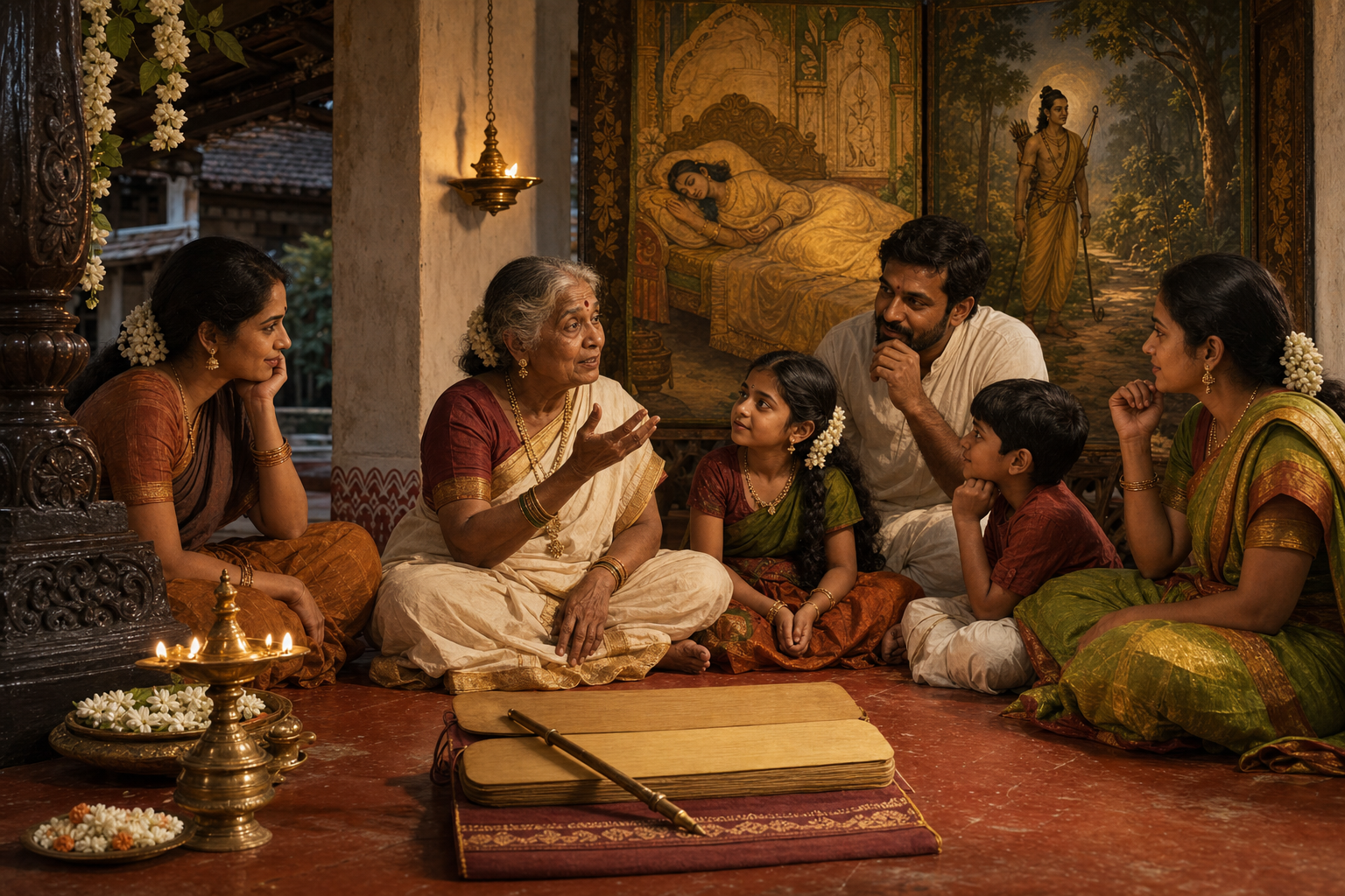 A woman tells Urmila's story to a multigenerational group on an Andhra veranda beside blank palm-leaf folios and a brass lamp.