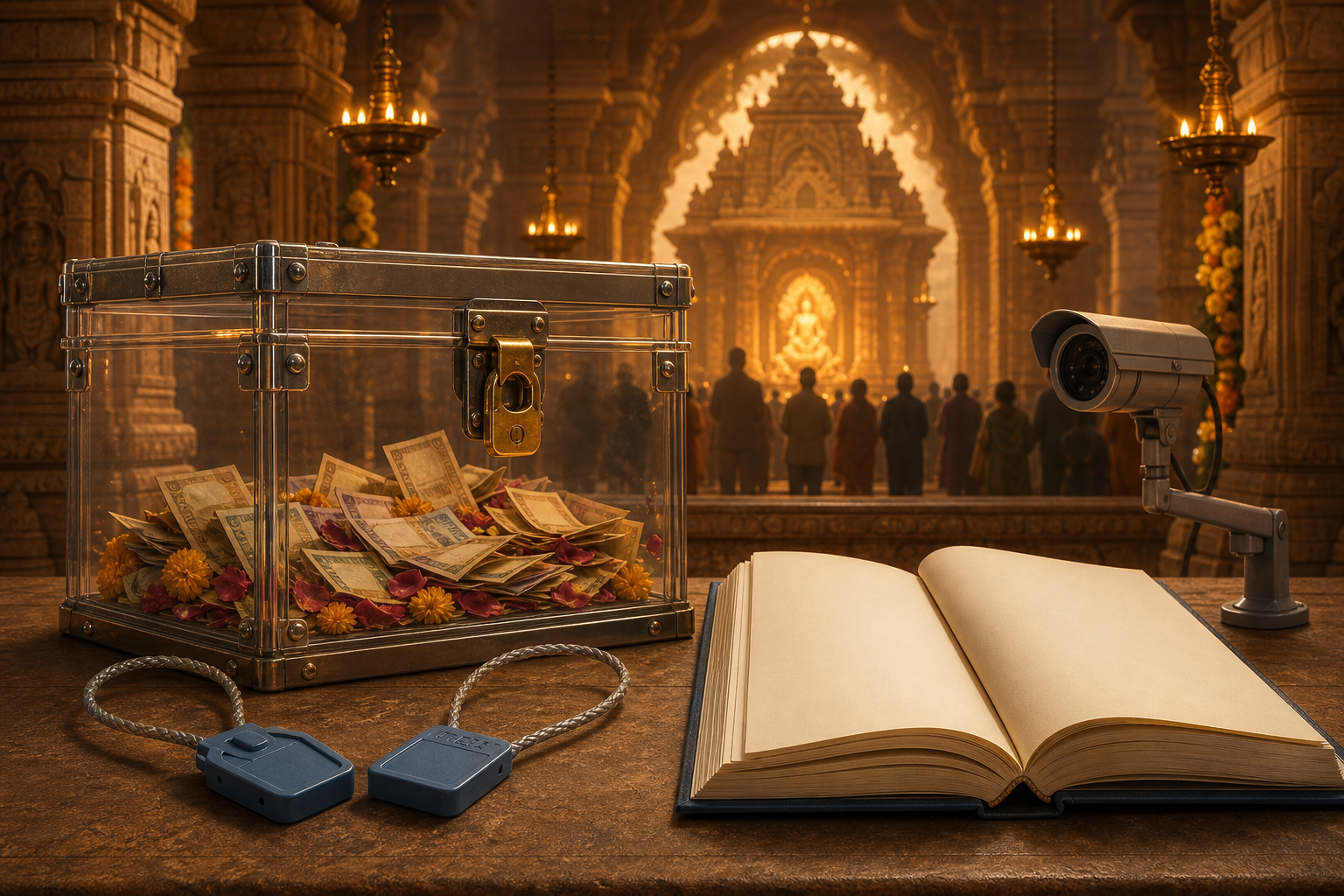 A transparent secured donation chest with offerings, seals, a camera, and a blank audit ledger inside a warmly lit temple-inspired interior.