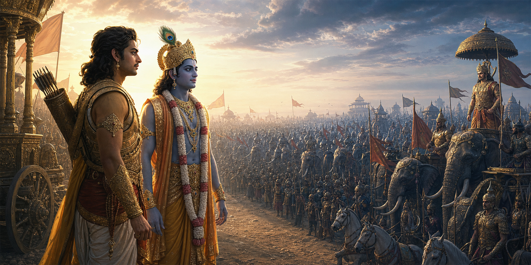 Arjuna stands beside an unarmed Krishna while Duryodhana faces a vast army of warriors, elephants, horses, and chariots.