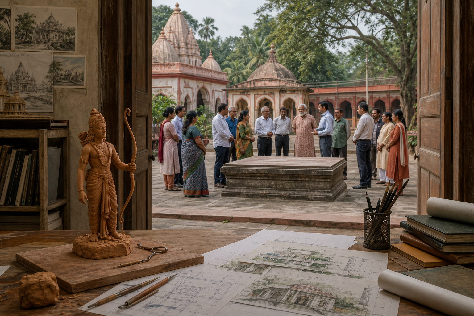 A clay model of Lord Ram sits on a planning table overlooking a temple courtyard with an empty plinth and people gathered in discussion.