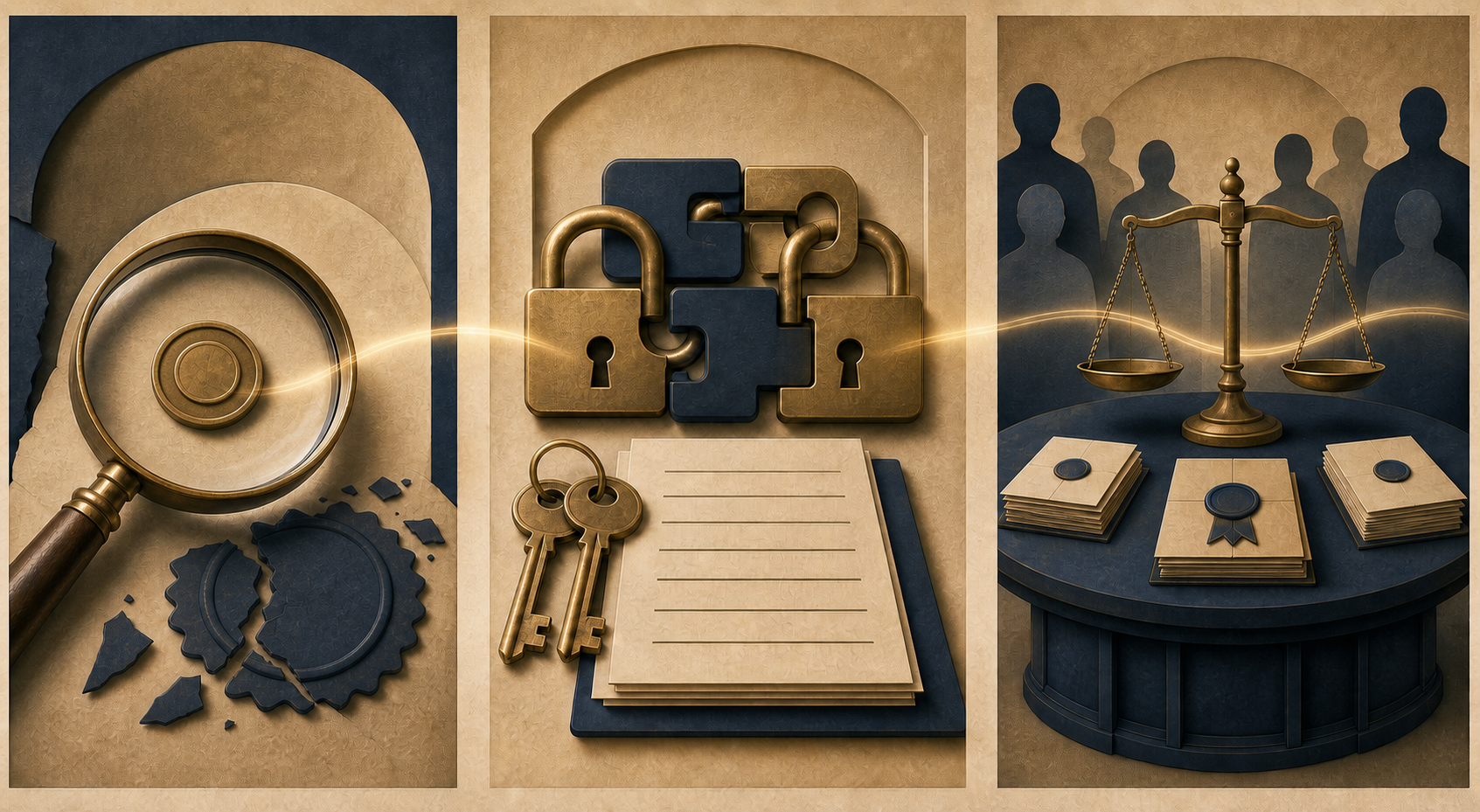 A three-panel illustration showing an investigated seal, institutional security controls, and independent oversight as separate forms of responsibility.